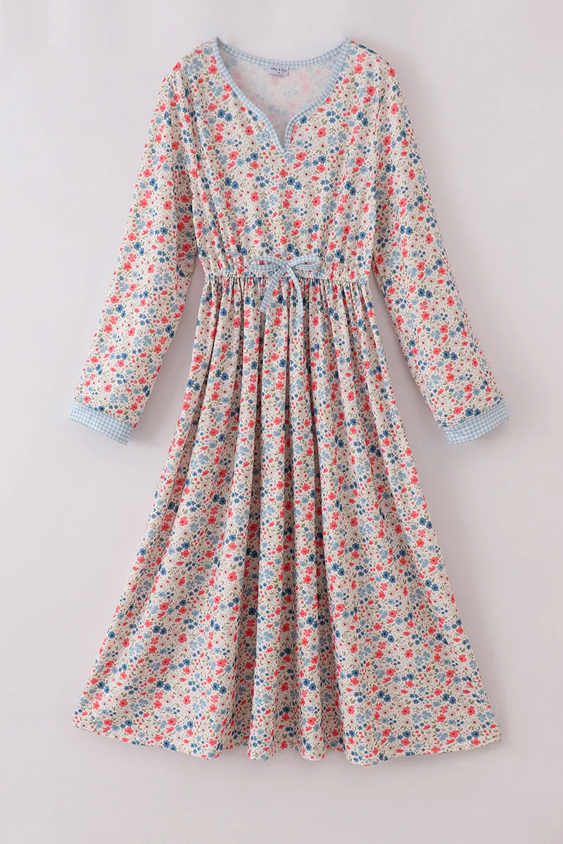 Pink&blue Floral Print Women Dress