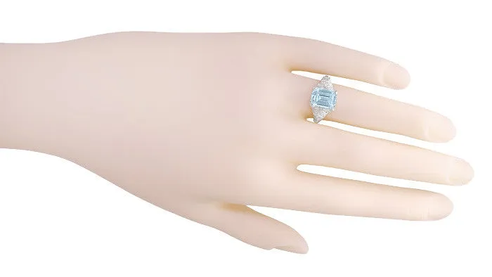 Platinum Filigree Emerald Cut Aquamarine Edwardian Engagement Ring
