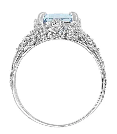 Platinum Filigree Emerald Cut Aquamarine Edwardian Engagement Ring