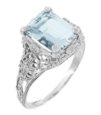 Platinum Filigree Emerald Cut Aquamarine Edwardian Engagement Ring