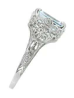 Platinum Filigree Emerald Cut Aquamarine Edwardian Engagement Ring