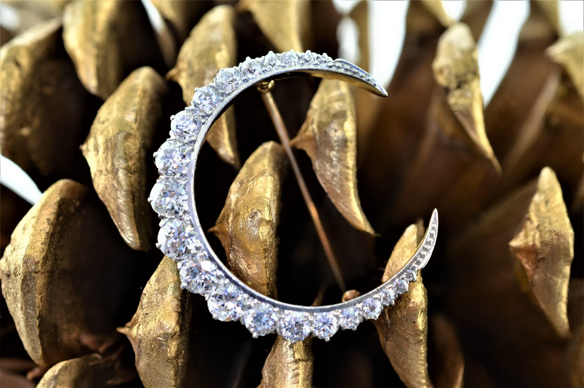 Platinum Topped 14K Yellow Gold Victorian Diamond Crescent Brooch