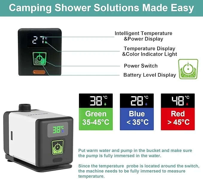 Portable Outdoor Shower for Camping with 20L Dry Bag,6000mAh Brushless Motor Shower Rechargeable Pump with Intelligent Digital Display, Shower Head Nozzle for Camping,Pet Bath,Car Washing