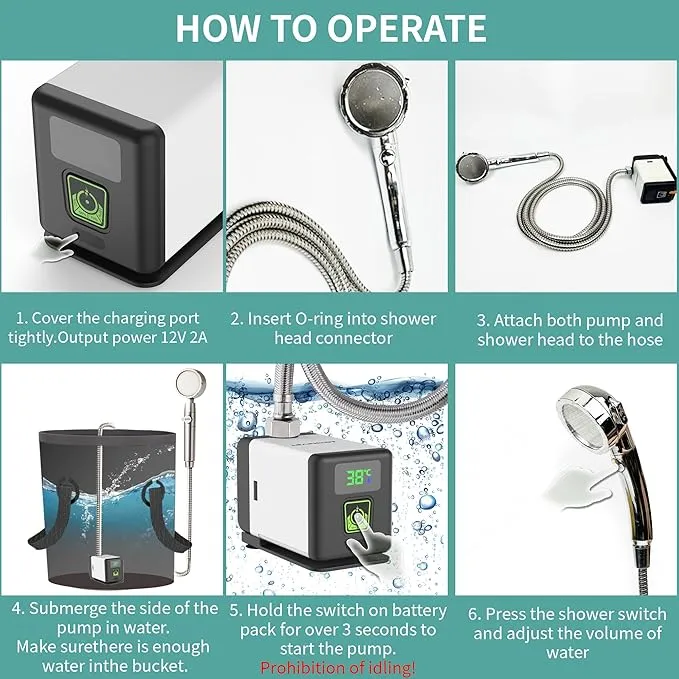 Portable Outdoor Shower for Camping with 20L Dry Bag,6000mAh Brushless Motor Shower Rechargeable Pump with Intelligent Digital Display, Shower Head Nozzle for Camping,Pet Bath,Car Washing