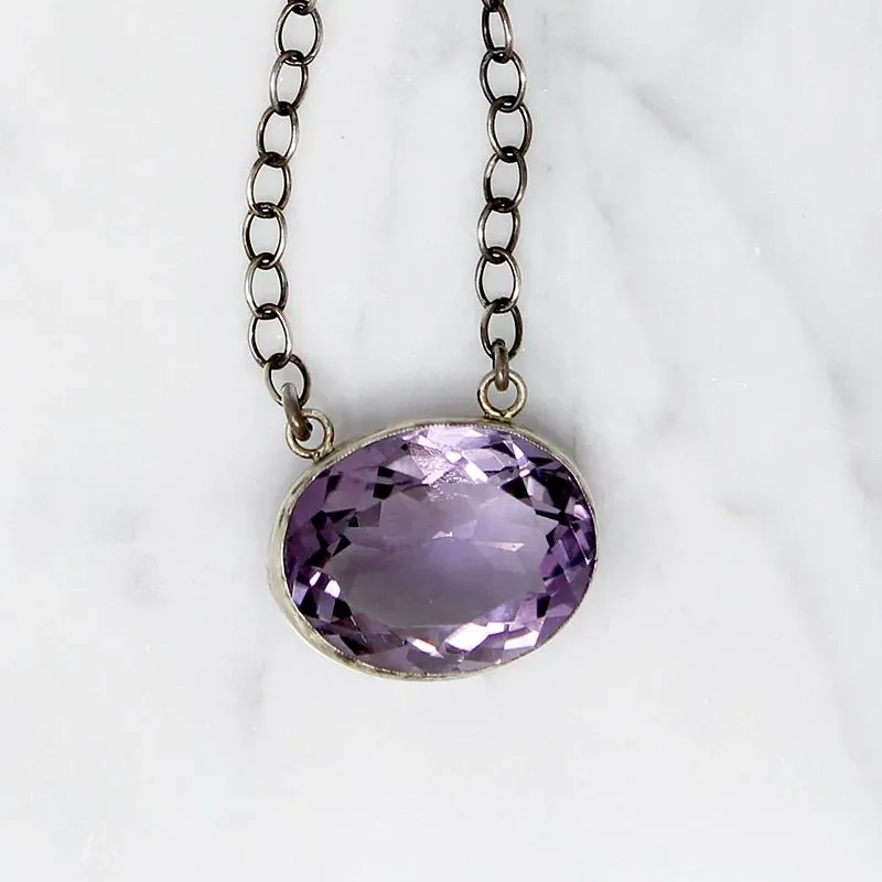 Pretty Purple Amethyst in Sterling Bezel Necklace