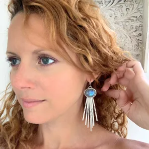 Rainbow moonstone dangle earrings with removable fringe