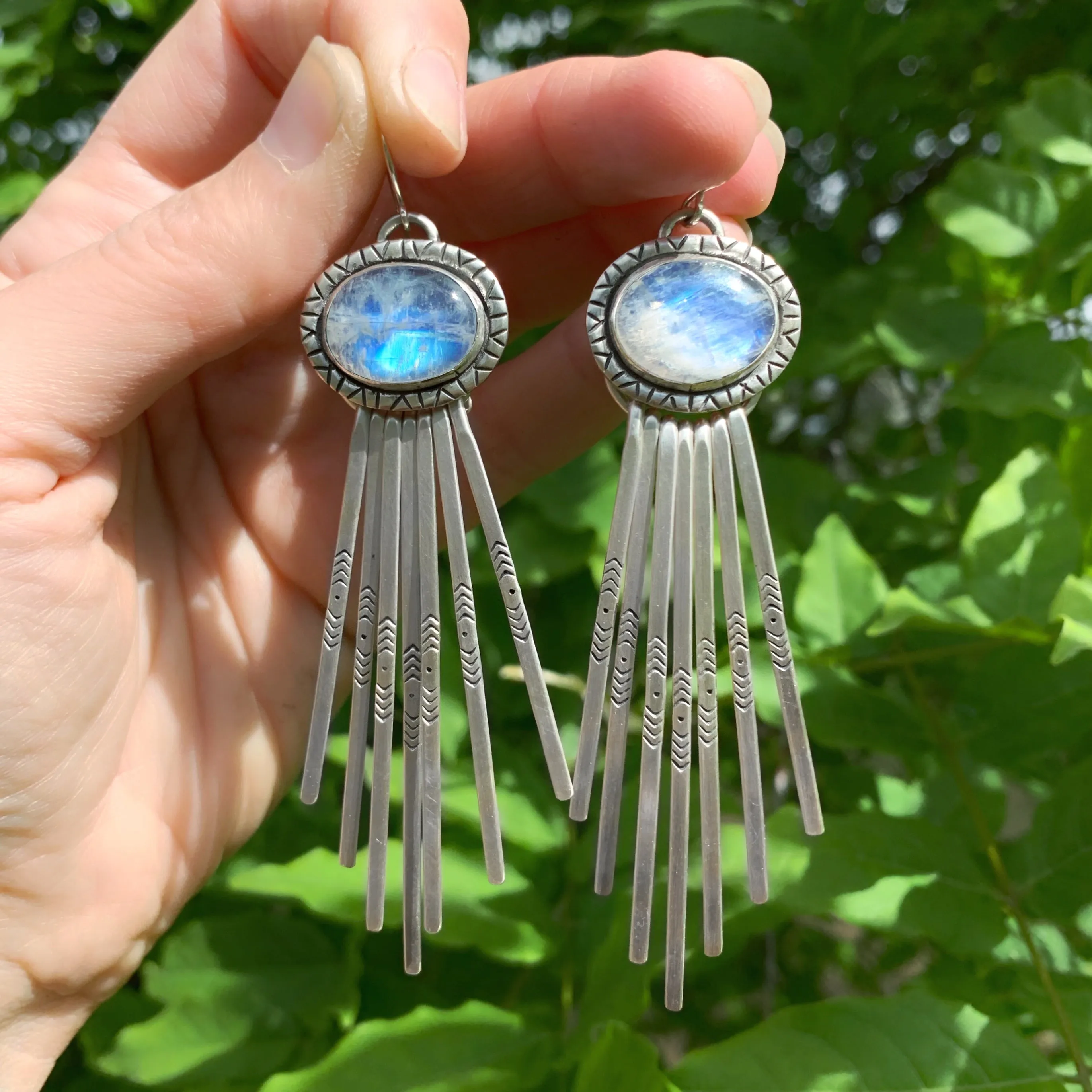 Rainbow moonstone dangle earrings with removable fringe