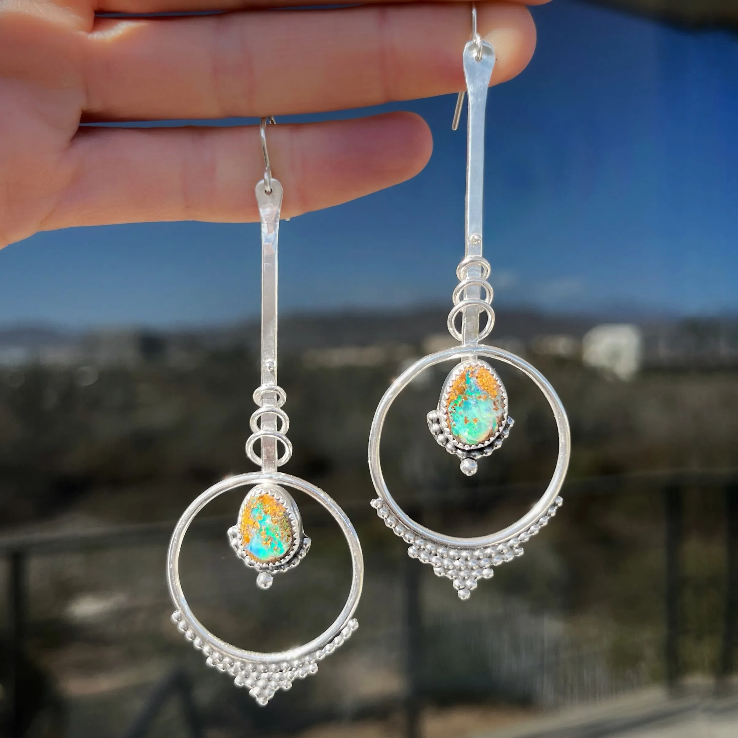 Rare crystal pipe opal pendulum earrings in silver