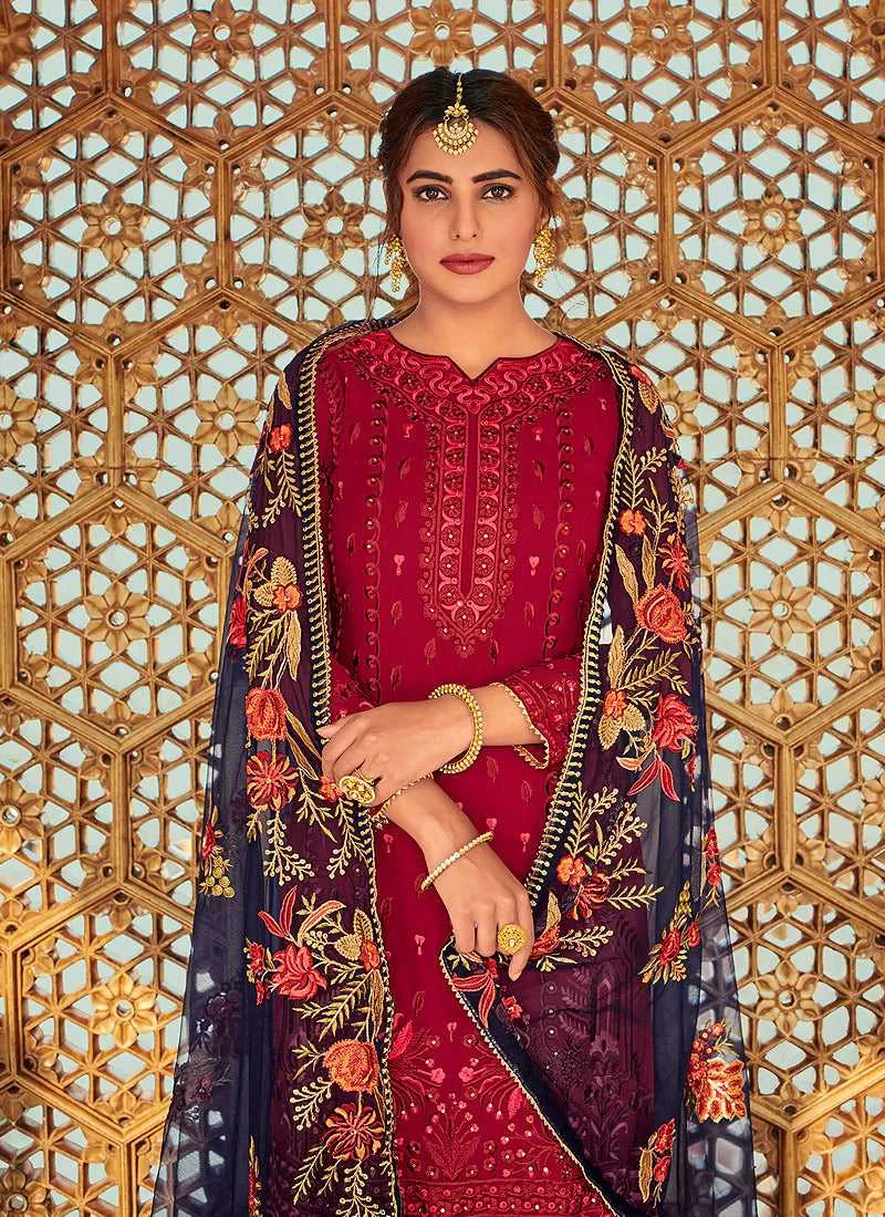 Red Embroidered Palazzo Style Suit