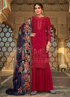 Red Embroidered Palazzo Style Suit