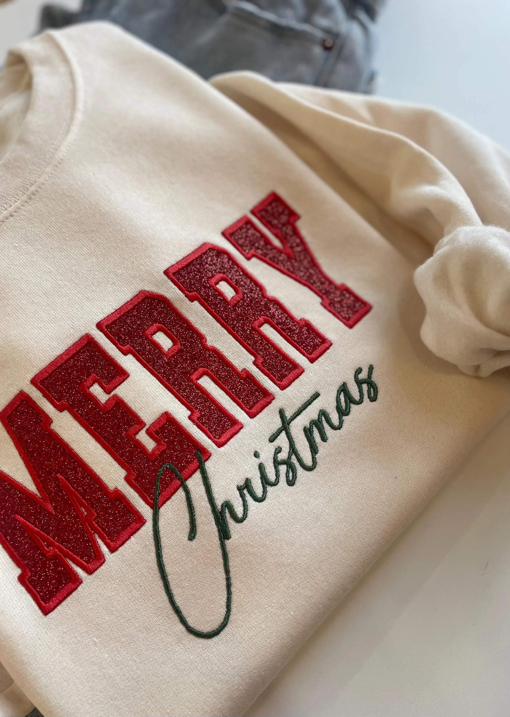 Red Glitter Embroidered Merry Christmas Sweatshirt