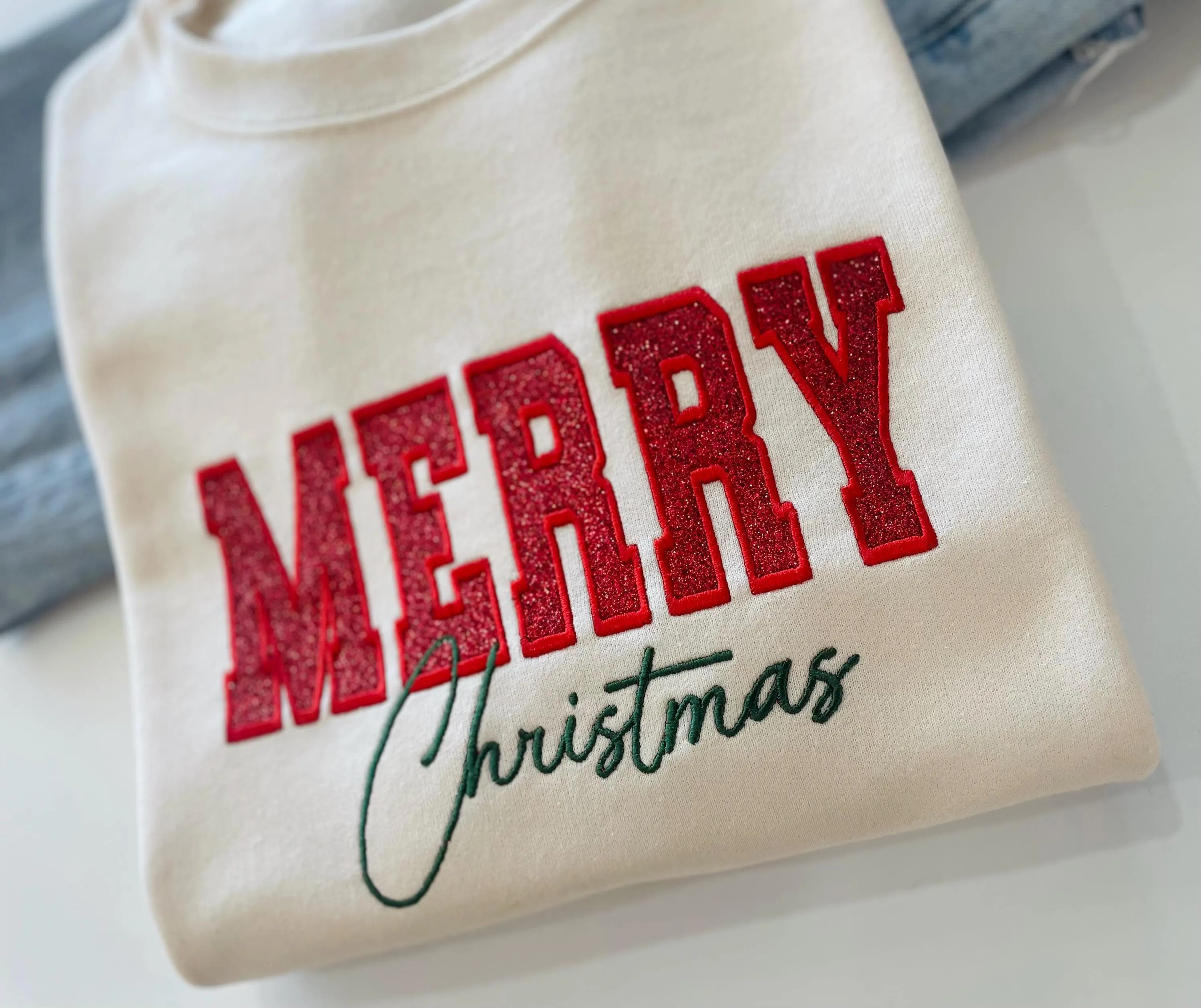 Red Glitter Embroidered Merry Christmas Sweatshirt