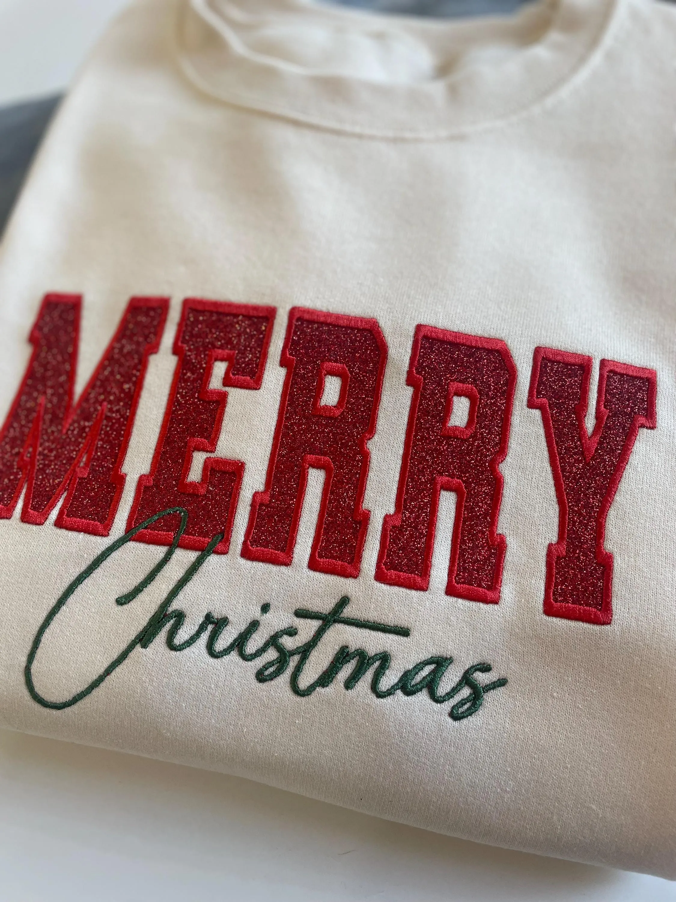 Red Glitter Embroidered Merry Christmas Sweatshirt