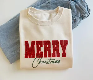 Red Glitter Embroidered Merry Christmas Sweatshirt