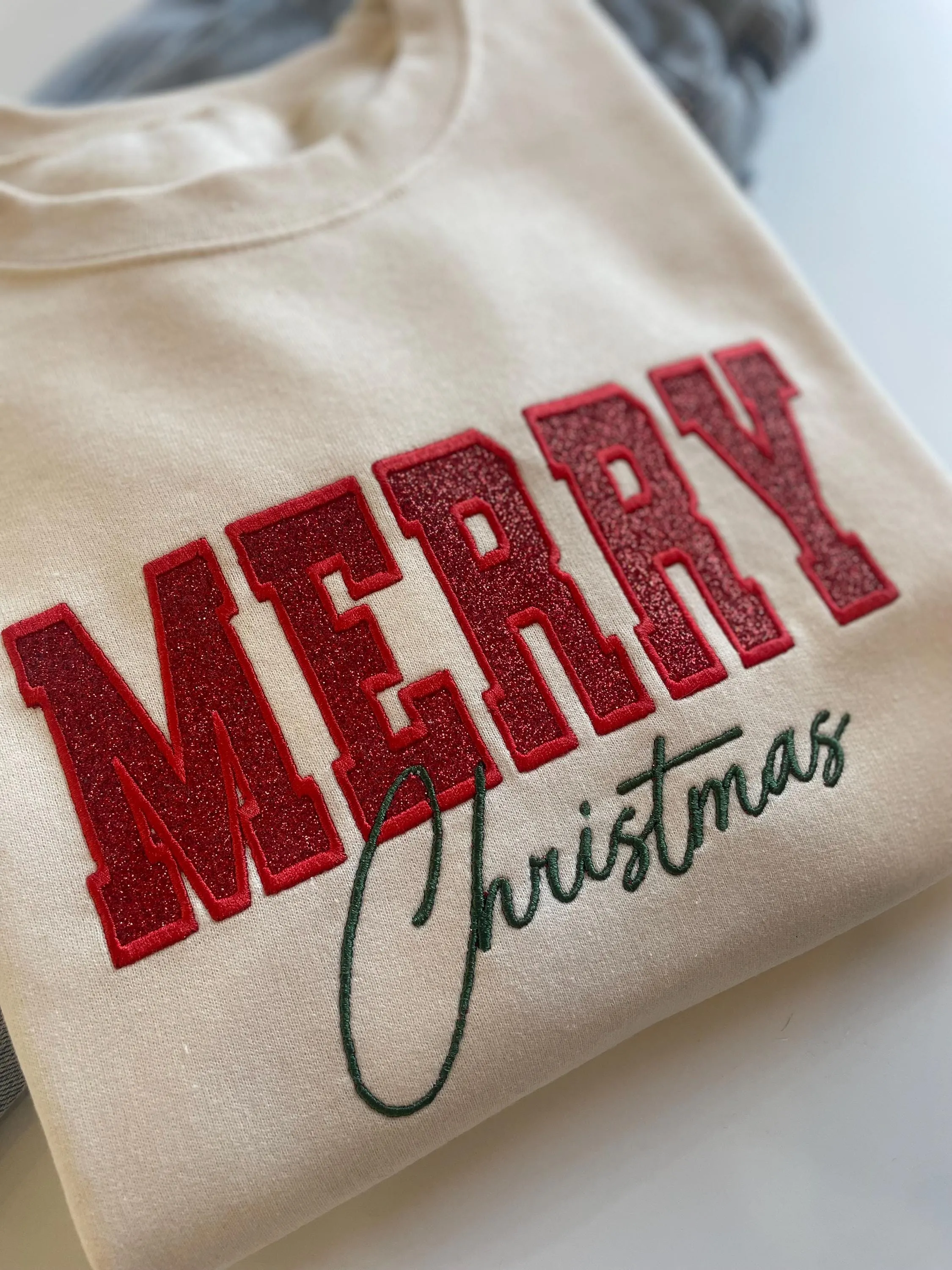 Red Glitter Embroidered Merry Christmas Sweatshirt