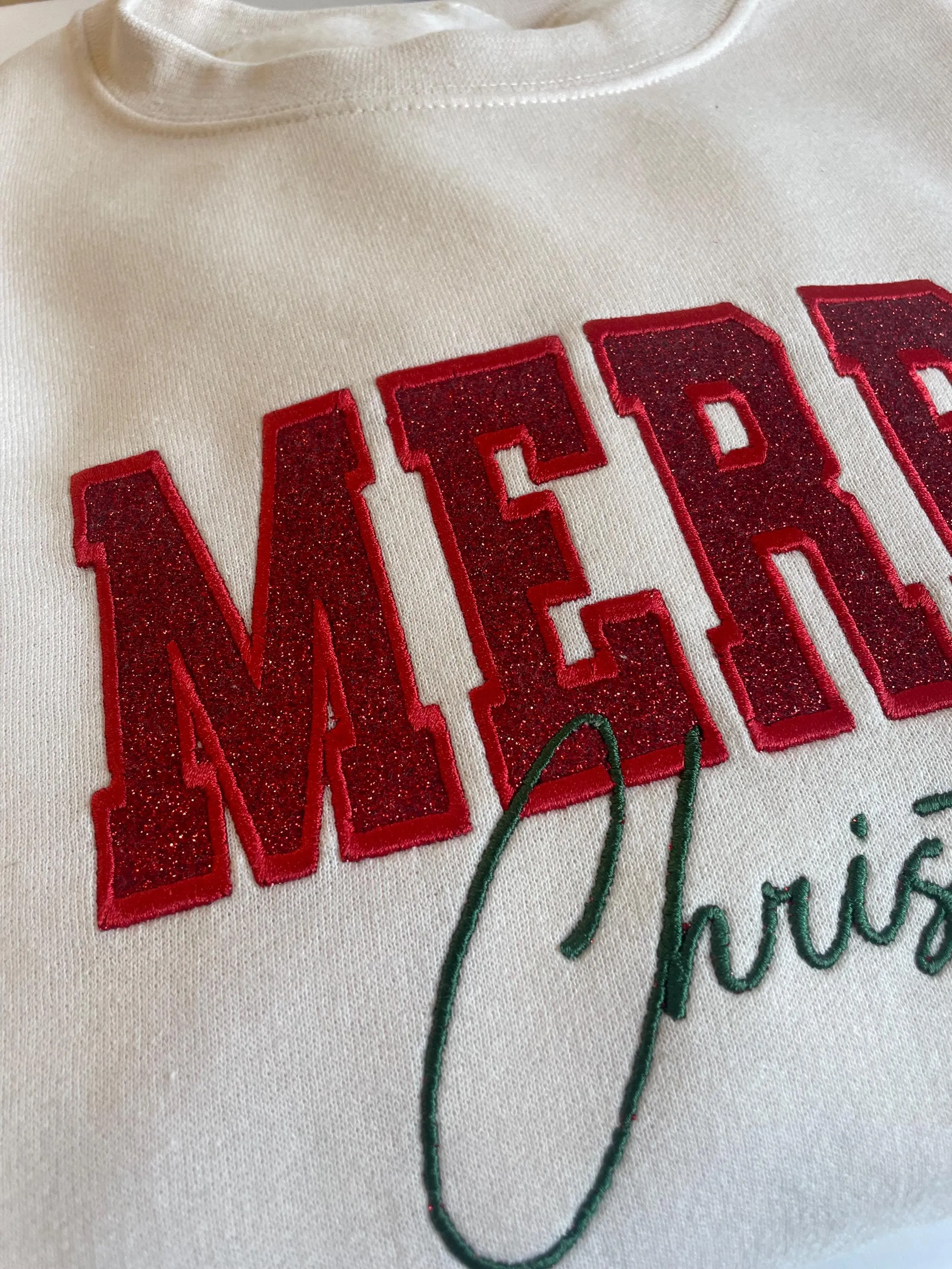 Red Glitter Embroidered Merry Christmas Sweatshirt