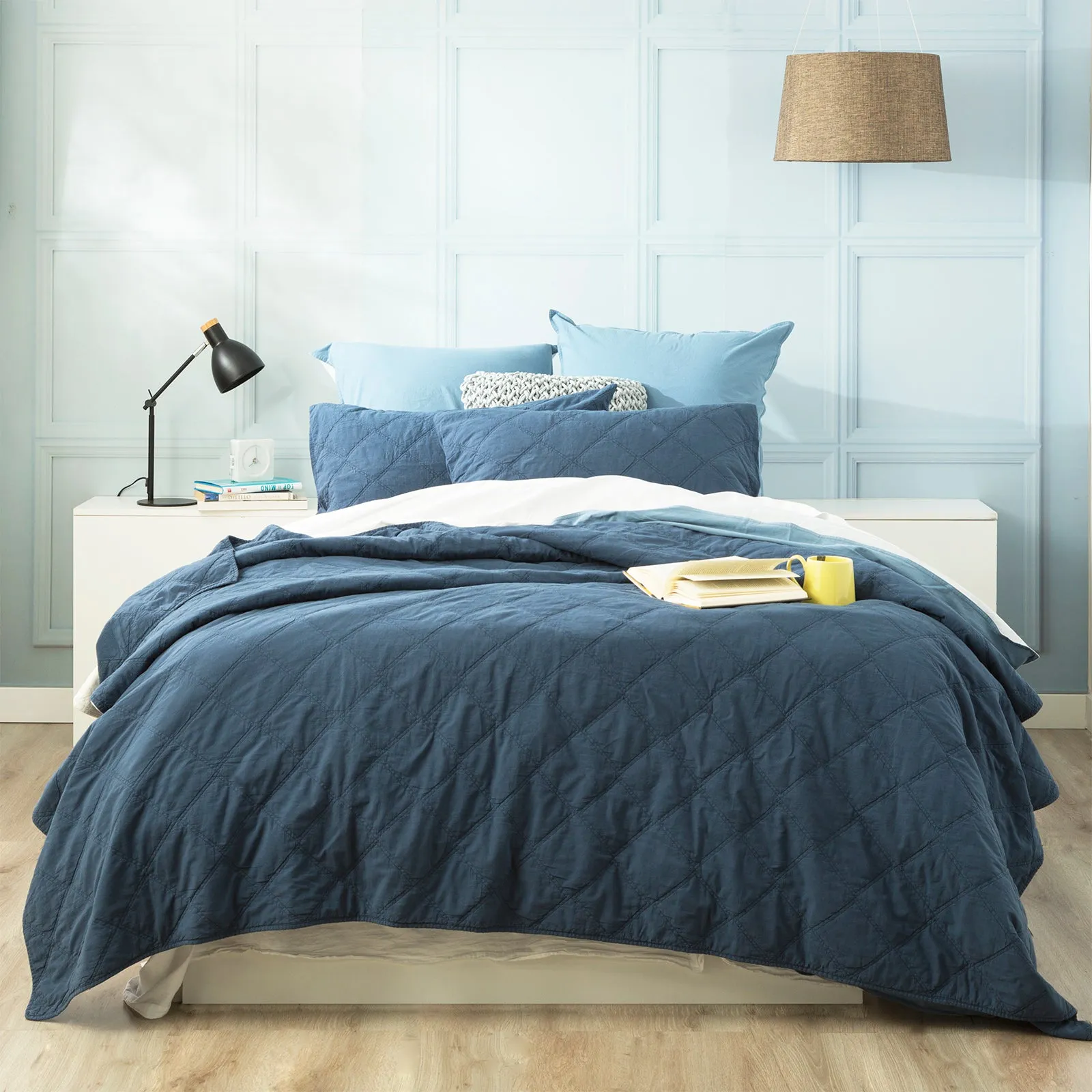 Renee Taylor Attwood Vintage Stone Washed Cotton Quilted Coverlet Set - Ink