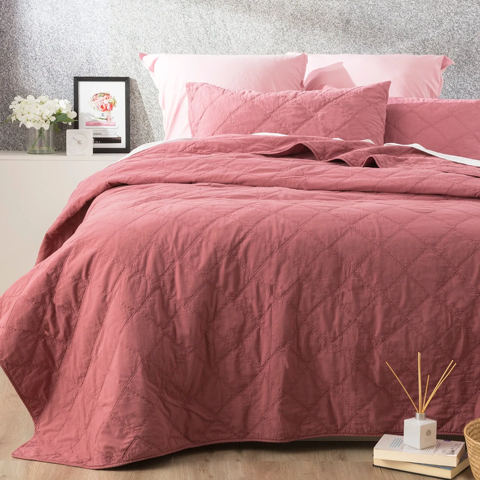Renee Taylor Attwood Vintage Stone Washed Cotton Quilted Coverlet Set - Rose