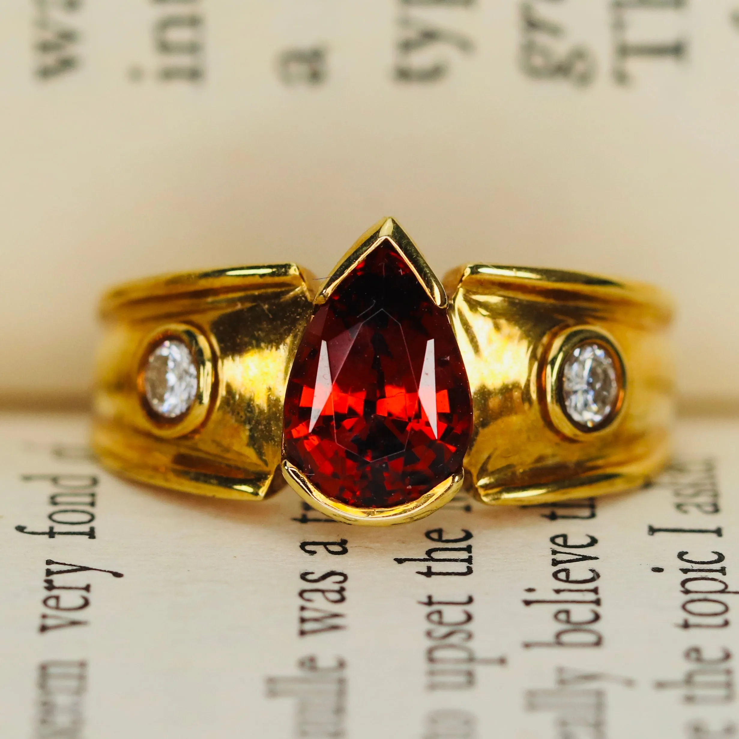 RESERVED: PAYMENT 2 OF 4: SPECIAL: Stunning estate Malayan garnet and diamond ring in 18k yellow gold