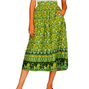 Roller Rabbit NWT Zanna Neya High Rise Midi Skirt 100% Cotton Green Women's Sz S