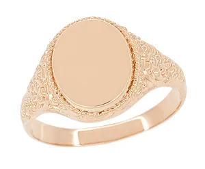 Rose Gold Victorian Oval Signet Ring with Heirloom Scroll Engraved Sides