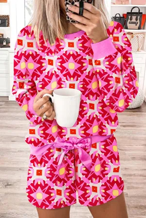 Sachet Pink Geometric Print Long Sleeve Top and Drawstring Shorts Set