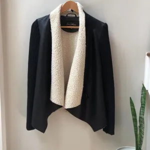 Sam Edelman Sherpa Lined Black Sweater wrap coat w Faux Leather/Shearling size S