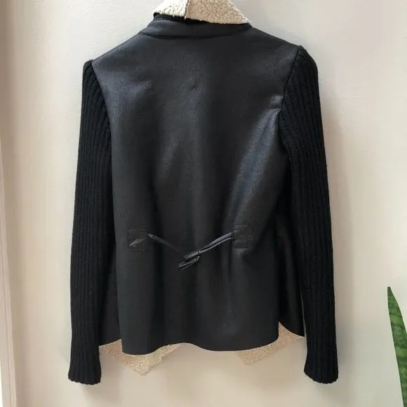 Sam Edelman Sherpa Lined Black Sweater wrap coat w Faux Leather/Shearling size S