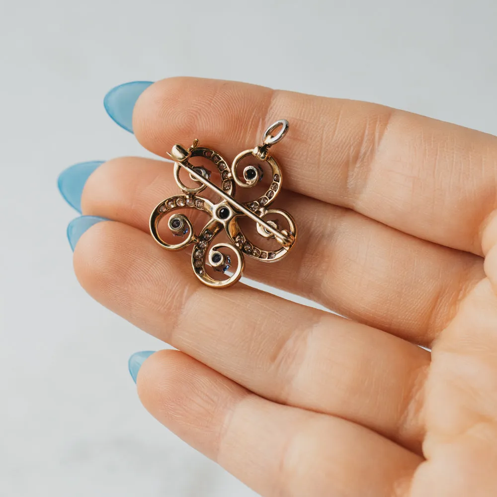 Sapphire and Diamond Floral Swirl Pin Pendant
