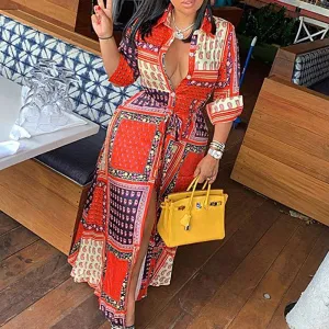 Scarf Pattern Long Sleeve Button Detailed Dress