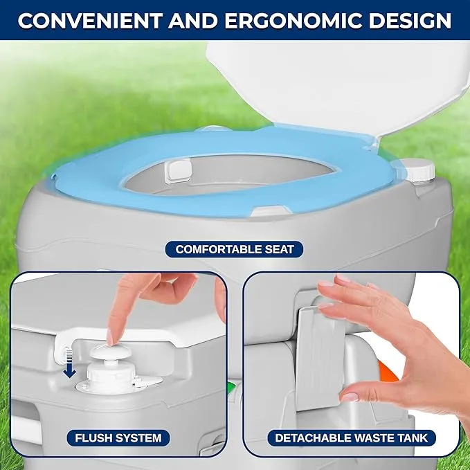 SereneLife Outdoor Portable Toilet with Carrying Bag – Travel Toilet with Waste Level Indicator, Built-in Handles, Adult-Sized Lid, Double Sealed Drain Valve, 3-Directional Flush, Non-Splash Spout
