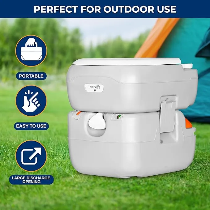 SereneLife Outdoor Portable Toilet with Carrying Bag – Travel Toilet with Waste Level Indicator, Built-in Handles, Adult-Sized Lid, Double Sealed Drain Valve, 3-Directional Flush, Non-Splash Spout