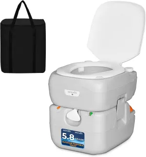 SereneLife Outdoor Portable Toilet with Carrying Bag – Travel Toilet with Waste Level Indicator, Built-in Handles, Adult-Sized Lid, Double Sealed Drain Valve, 3-Directional Flush, Non-Splash Spout