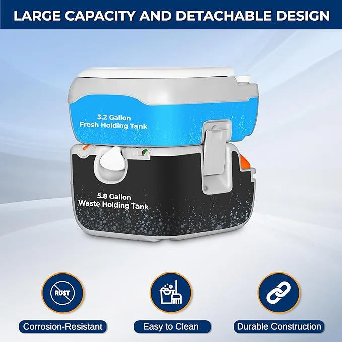 SereneLife Outdoor Portable Toilet with Carrying Bag – Travel Toilet with Waste Level Indicator, Built-in Handles, Adult-Sized Lid, Double Sealed Drain Valve, 3-Directional Flush, Non-Splash Spout
