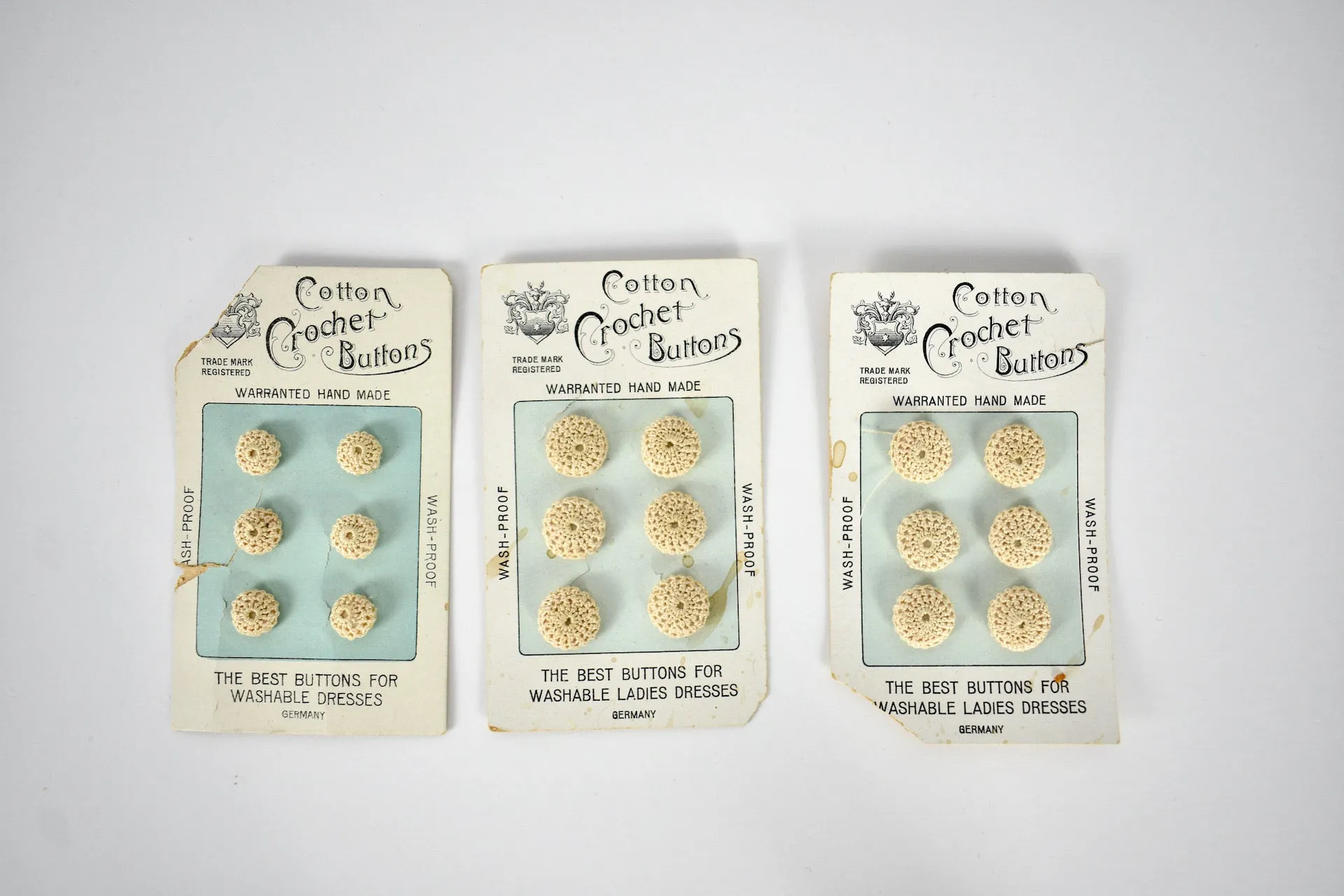 Set of 3 Antique Victorian Handmade Cotton Crochet Buttons on Original Card