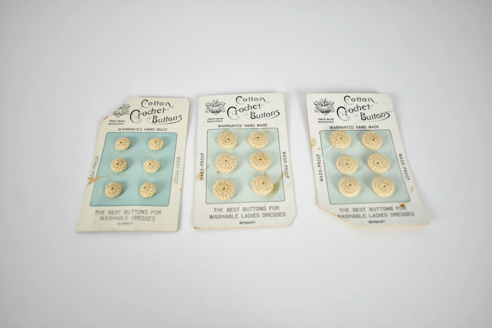 Set of 3 Antique Victorian Handmade Cotton Crochet Buttons on Original Card