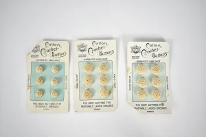 Set of 3 Antique Victorian Handmade Cotton Crochet Buttons on Original Card
