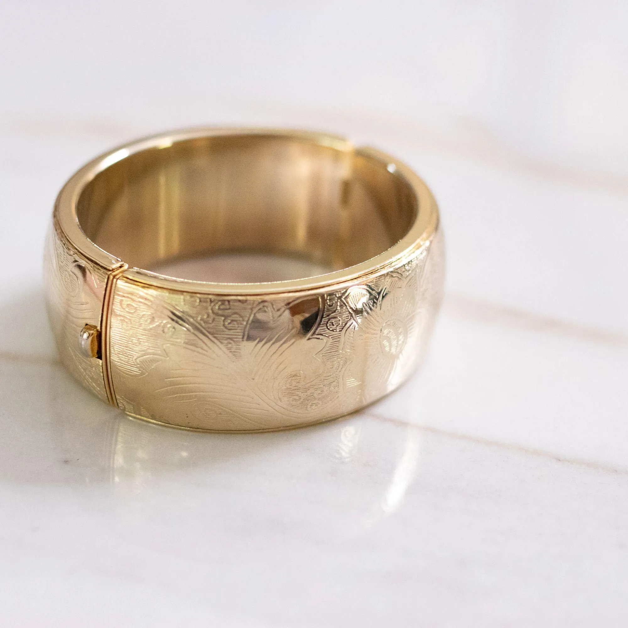 Set of Vintage Victorian Style Etched Floral Bangle Bracelets