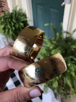 Set of Vintage Victorian Style Etched Floral Bangle Bracelets