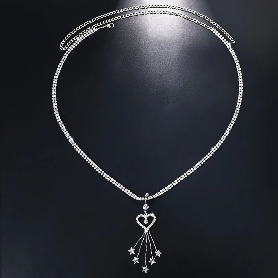 Sexy Rhinestone European and American Fashion Belly Ring Waist Chain - Silvery-colored Tassel Heart Body Chain Accessory