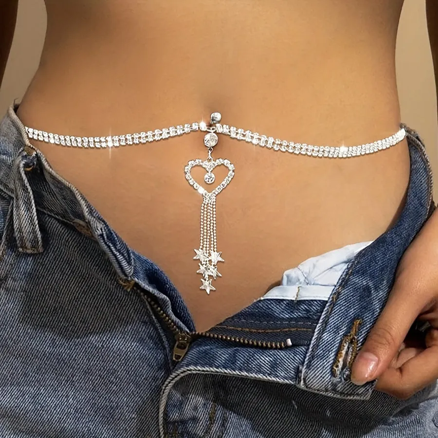 Sexy Rhinestone European and American Fashion Belly Ring Waist Chain - Silvery-colored Tassel Heart Body Chain Accessory