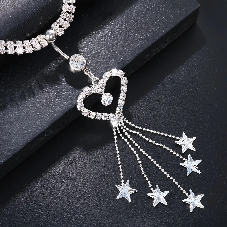 Sexy Rhinestone European and American Fashion Belly Ring Waist Chain - Silvery-colored Tassel Heart Body Chain Accessory