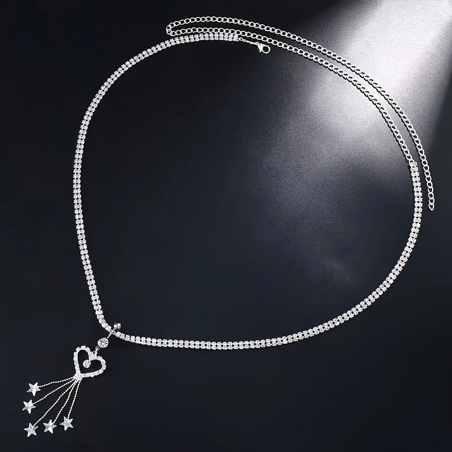 Sexy Rhinestone European and American Fashion Belly Ring Waist Chain - Silvery-colored Tassel Heart Body Chain Accessory