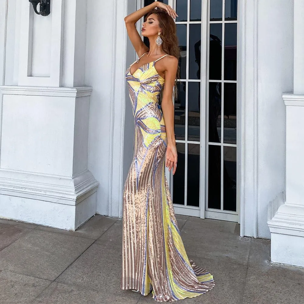Sexy Spaghetti Sequin Prom Maxi Dress M01760