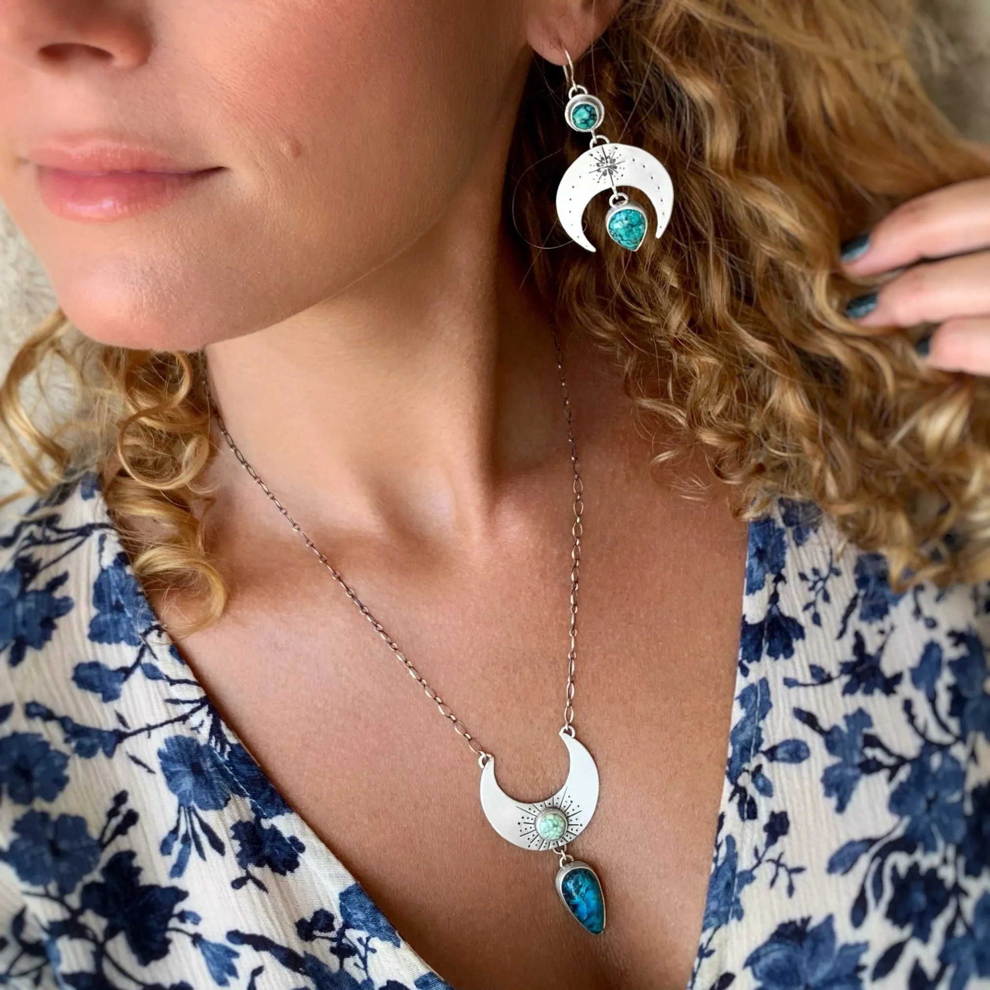 Silver cascading moon necklace with turquoise & variscite