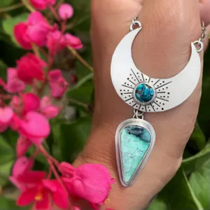 Silver cascading moon necklace with turquoise