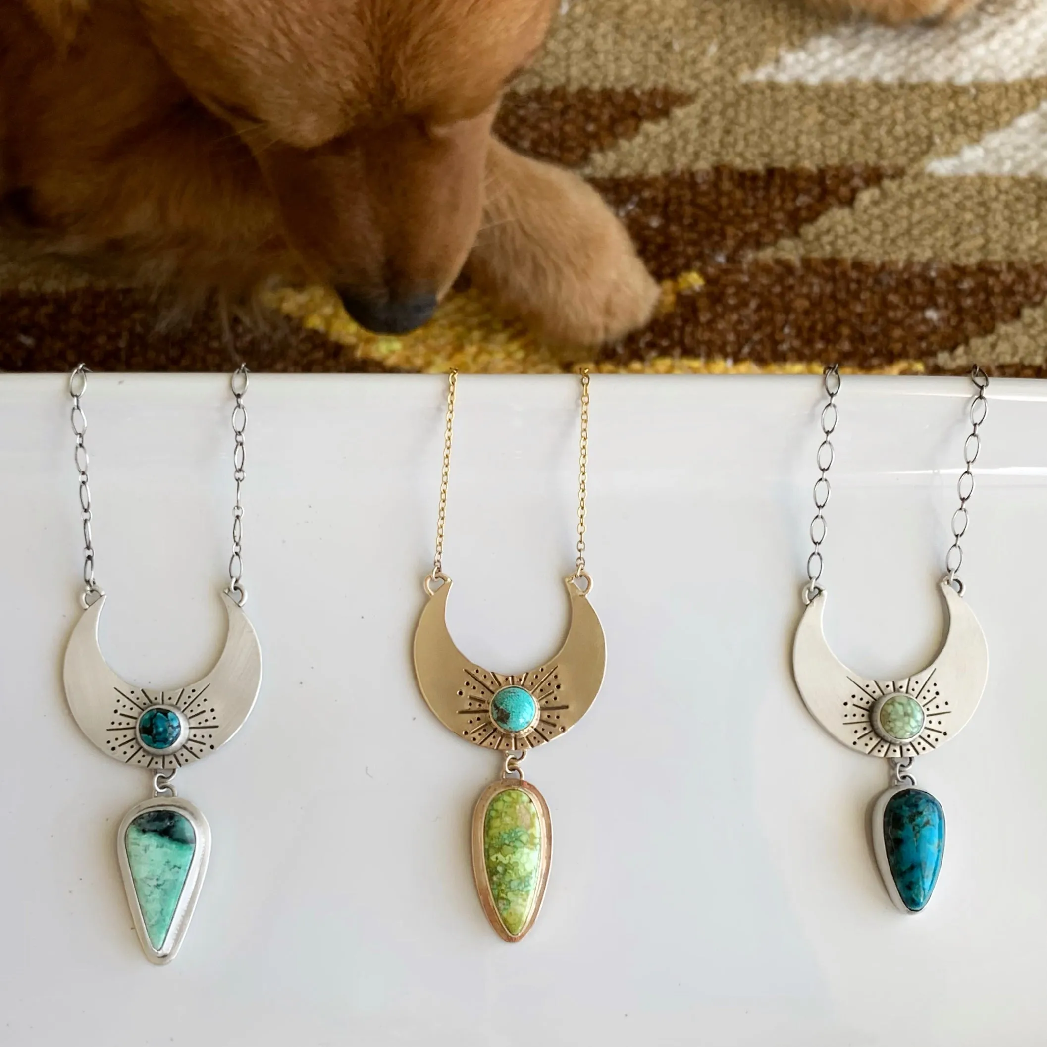 Silver cascading moon necklace with turquoise