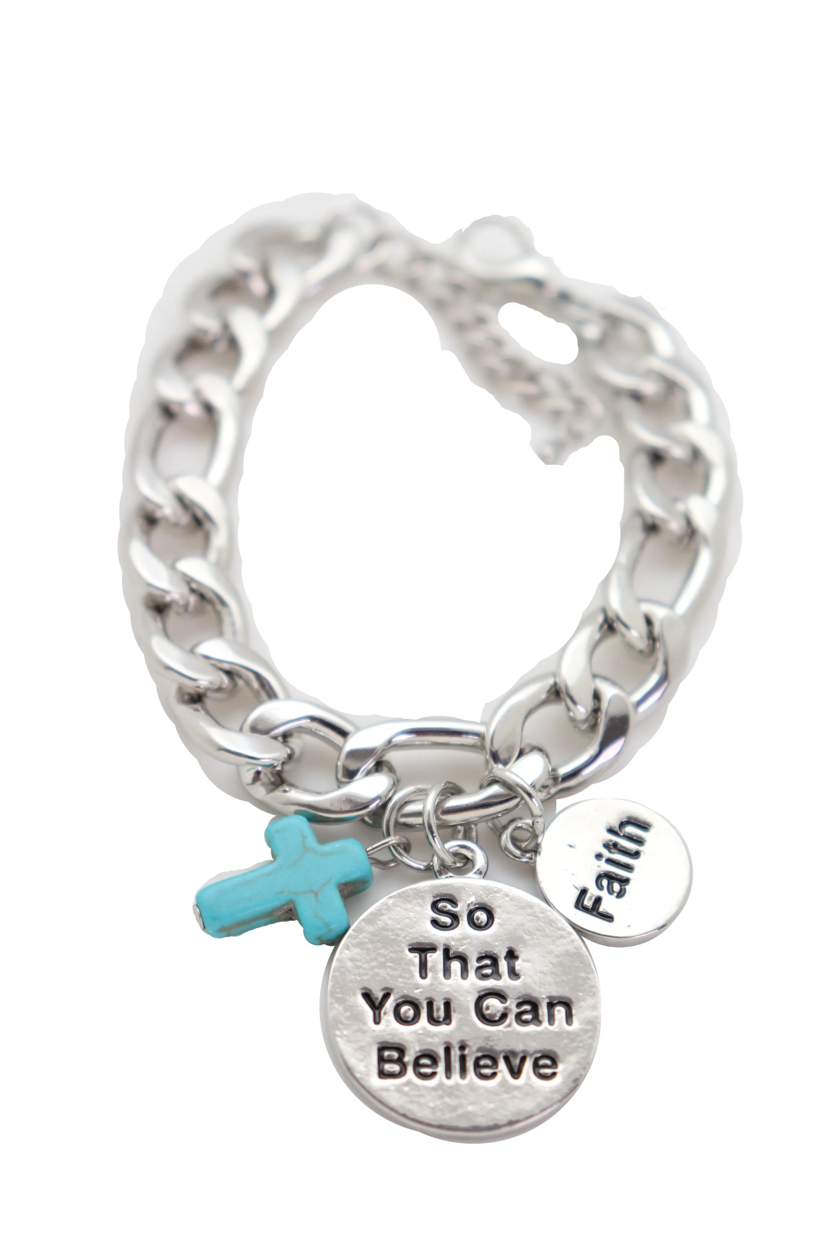 Silver Chain Bracelet FAITH BELIEVE Charms Turquoise Blue Religious Cross