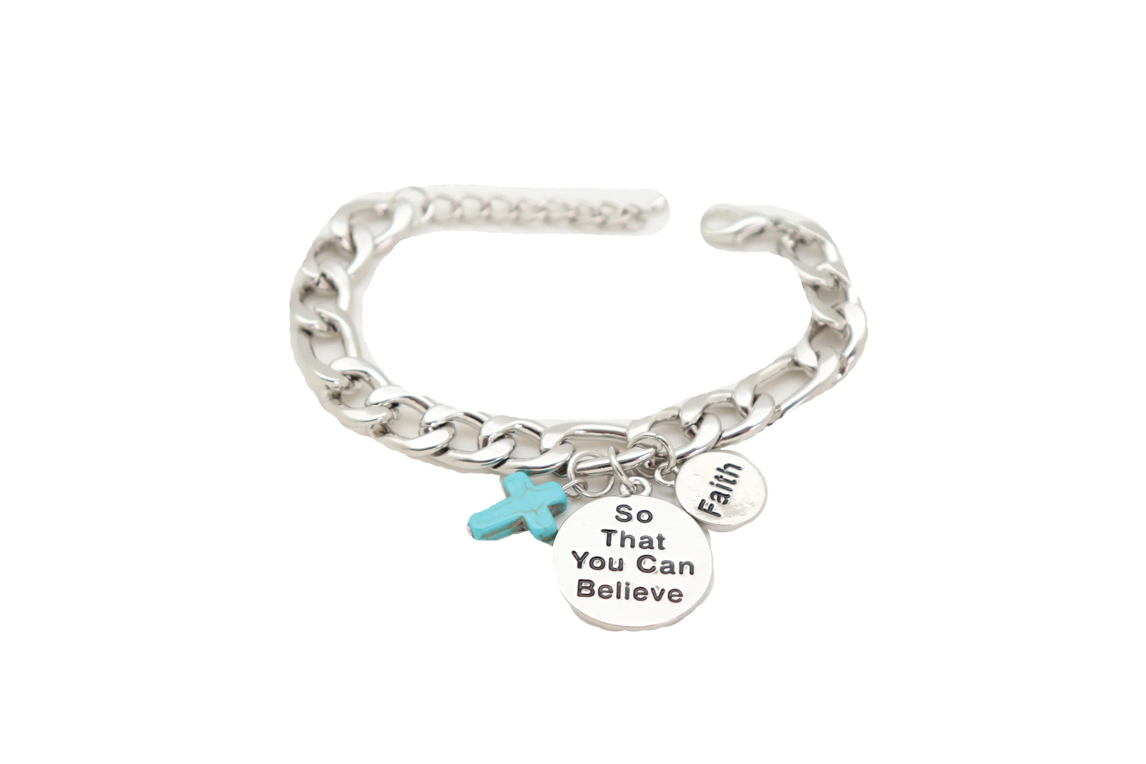 Silver Chain Bracelet FAITH BELIEVE Charms Turquoise Blue Religious Cross