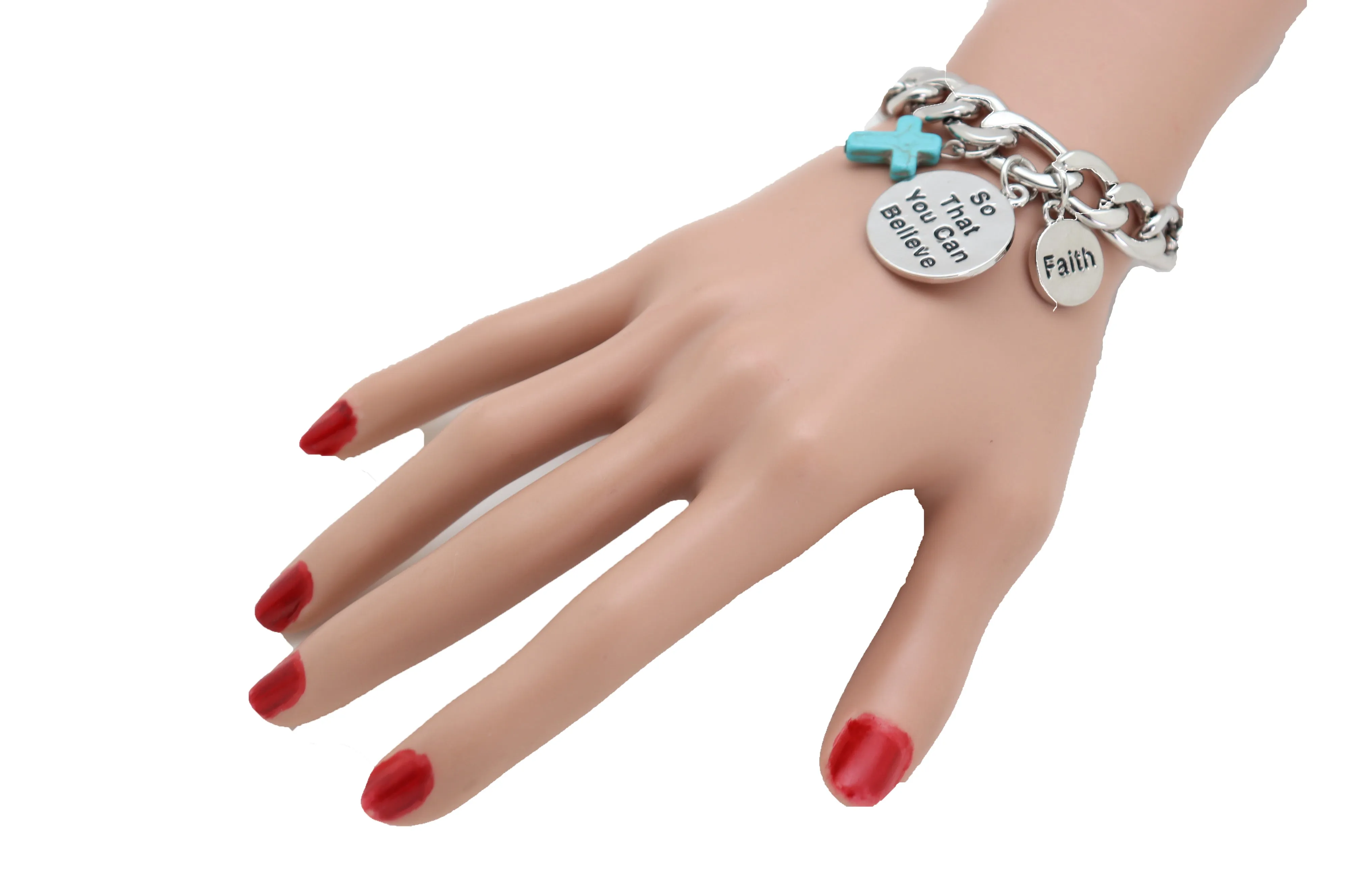 Silver Chain Bracelet FAITH BELIEVE Charms Turquoise Blue Religious Cross